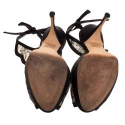 Pre Owned Dior Black Lace And Satin Ankle Tie Slingback Platform Sandals Size 36