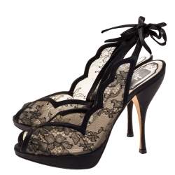 Pre Owned Dior Black Lace And Satin Ankle Tie Slingback Platform Sandals Size 36