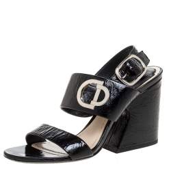 Dior Black Textured Patent Leather Slingback Sandals Size 36