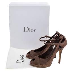 Pre Owned Dior Brown Python Embossed Leather and Suede Ankle Strap Peep Toe Pumps Size 37