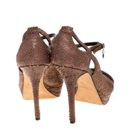 Pre Owned Dior Brown Python Embossed Leather and Suede Ankle Strap Peep Toe Pumps Size 37