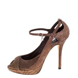 Pre Owned Dior Brown Python Embossed Leather and Suede Ankle Strap Peep Toe Pumps Size 37