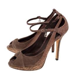 Pre Owned Dior Brown Python Embossed Leather and Suede Ankle Strap Peep Toe Pumps Size 37