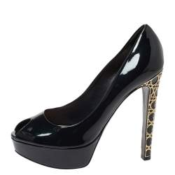 Pre Owned Dior Navy Blue Patent Leather Peep Toe Cannage Heel Platform Pumps Size 38