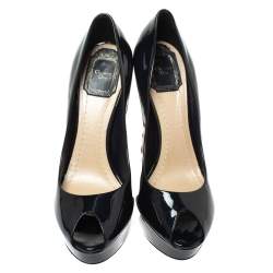 Pre Owned Dior Navy Blue Patent Leather Peep Toe Cannage Heel Platform Pumps Size 38