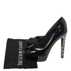 Pre Owned Dior Navy Blue Patent Leather Peep Toe Cannage Heel Platform Pumps Size 38