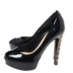 Pre Owned Dior Navy Blue Patent Leather Peep Toe Cannage Heel Platform Pumps Size 38