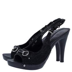 Dior Black Textured Canvas Bit Platform Open Toe Slingback Sandals Size 38