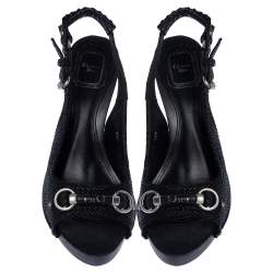 Dior Black Textured Canvas Bit Platform Open Toe Slingback Sandals Size 38