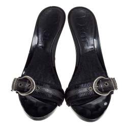 Pre Owned صندل ديور مقدمة مفتوحة إبزيم جلد وكانفاس أسود مقاس 37.5