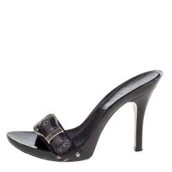 Pre Owned صندل ديور مقدمة مفتوحة إبزيم جلد وكانفاس أسود مقاس 37.5