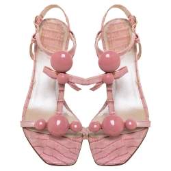 مملوكة مسبقًا Dior Pink Croc Embossed Leather T-Strap Bow Sandals Size 37