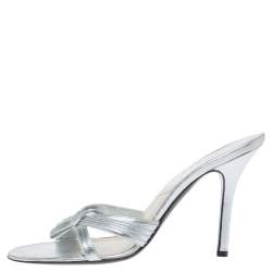 Dior Metallic Silver Leather Bow Slide Sandals Size 39