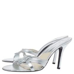 Dior Metallic Silver Leather Bow Slide Sandals Size 39