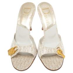 مملوكة مسبقًا Dior Cream/Gold Diorissimo Canvas Lock And Key Embellished Slide Sandals Size 38.5
