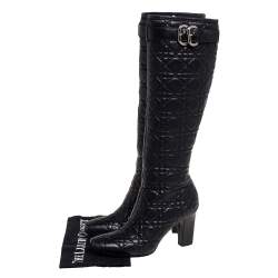 Pre Owned حذاء بوت للركبة ديور مزين إبزيم جلد مبطن كاناج أسود مقاس 36