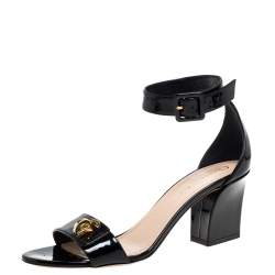 Dior Black Patent Leather C'est Ankle Strap Block Heel Sandal Size 39
