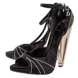 Pre Owned Dior Black Satin Crystal Embellished Ankle Wrap Platform Sandals Size 40
