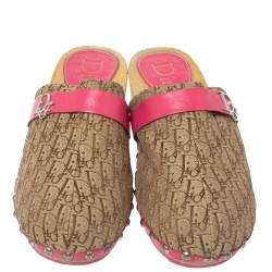 Dior Pink/White Diorissimo Canvas And Leather Trim Clog Mules Size 34