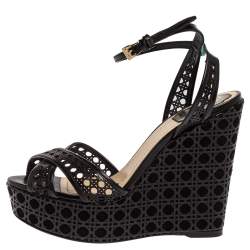 مملوكة مسبقًا Dior Black Leather Cannage Cutout Ankle Strap Wedge Platform Sandals Size 37.5
