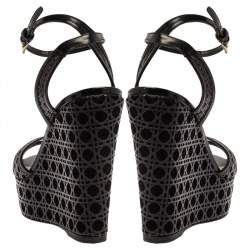 مملوكة مسبقًا Dior Black Leather Cannage Cutout Ankle Strap Wedge Platform Sandals Size 37.5