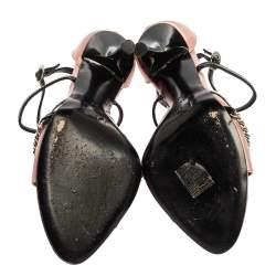 مملوكة مسبقًا Dior Pink/Black Satin And Leather Chain Embellished Ankle Strap Sandals Size 36