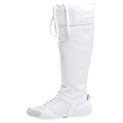 مملوكة مسبقًا Dior White Perforated Leather D-Fence Knee-High Lace-up Sneaker Size 36.5