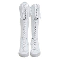 مملوكة مسبقًا Dior White Perforated Leather D-Fence Knee-High Lace-up Sneaker Size 36.5