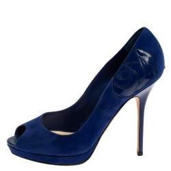 Pre Owned Dior Royal Blue Suede and Patent Leather Floral Detailed Peep Toe Pumps Size 39.5