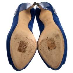 Pre Owned Dior Royal Blue Suede and Patent Leather Floral Detailed Peep Toe Pumps Size 39.5