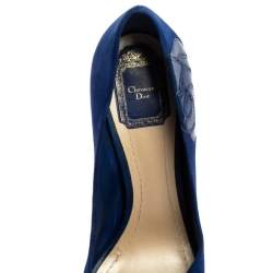 Pre Owned Dior Royal Blue Suede and Patent Leather Floral Detailed Peep Toe Pumps Size 39.5