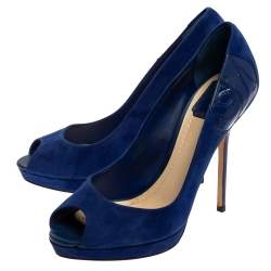 Pre Owned Dior Royal Blue Suede and Patent Leather Floral Detailed Peep Toe Pumps Size 39.5