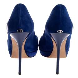 Pre Owned Dior Royal Blue Suede and Patent Leather Floral Detailed Peep Toe Pumps Size 39.5