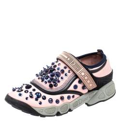 Pre Owned Dior Pink Stretch Fabric Fusion Embellished Low Top Sneakers Size 35