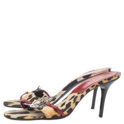 Pre Owned Dior Black/Brown Leopard Print Canvas I love Dior Diva Open Toe Slide Sandals Size 40.5