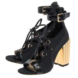 Dior Black Canvas And Leather Trim Glorious Ankle Strap Block Heel Sandals Size 39