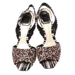 Pre Owned Dior Multicolor Sequins and Fabric Open Toe Wedge Slingback Sandals 38.5