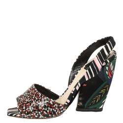 Pre Owned Dior Multicolor Sequins and Fabric Open Toe Wedge Slingback Sandals 38.5