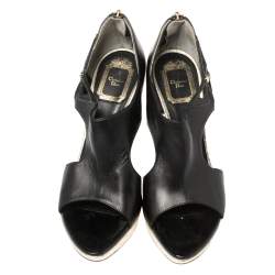 Pre Owned Dior Black Patent and Leather Bow Cut Out Platform Sandals Size 38  