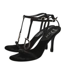 Pre Owned Dior Black Leather D Logo T-Strap Sandals Size 40