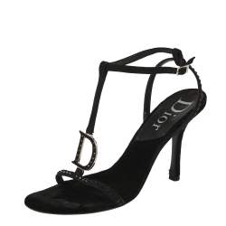 Pre Owned Dior Black Leather D Logo T-Strap Sandals Size 40