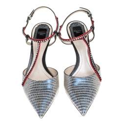 Dior Metallic Multicolor Lizard Embossed Leather Strass Slingback Pointed Toe Pumps Size 38