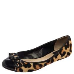 Dior Leopard Print Calf Hair And Patent Leather Bow Ballet Flats Size 39