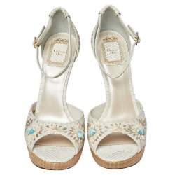 Dior White Embroidered Python And Raffia Ankle Strap Sandals Size 38.5