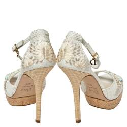 Dior White Embroidered Python And Raffia Ankle Strap Sandals Size 38.5