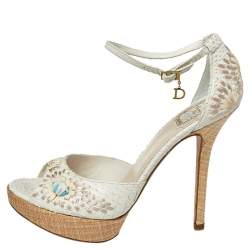 Dior White Embroidered Python And Raffia Ankle Strap Sandals Size 38.5