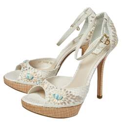 Dior White Embroidered Python And Raffia Ankle Strap Sandals Size 38.5