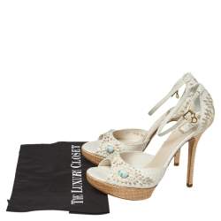 Dior White Embroidered Python And Raffia Ankle Strap Sandals Size 38.5