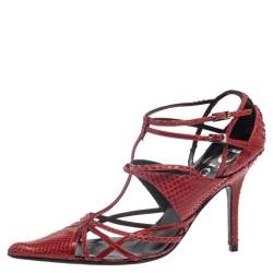 Pre Owned Dior Red Python Strappy Pointed Toe Pumps Size 38