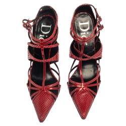 Pre Owned Dior Red Python Strappy Pointed Toe Pumps Size 38